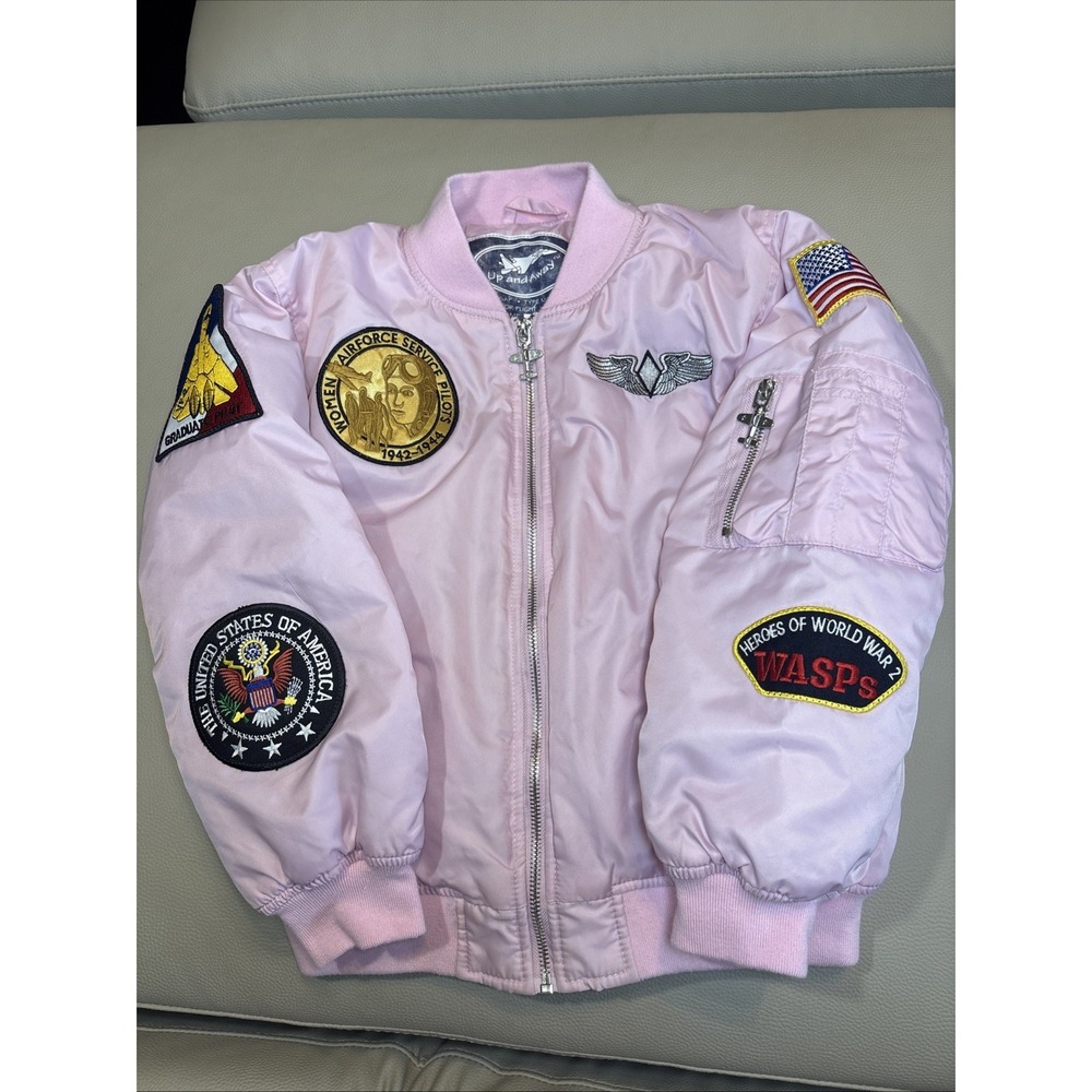Up And Away Junior Flight Jacket Girls S-8 Pink Bomber Patches Flight Coat VTG